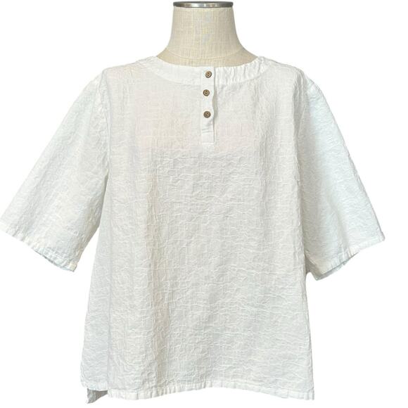 Other Tops - White Textured Henley Cotton Linen Boxy Oversized Top Cottagecore XL